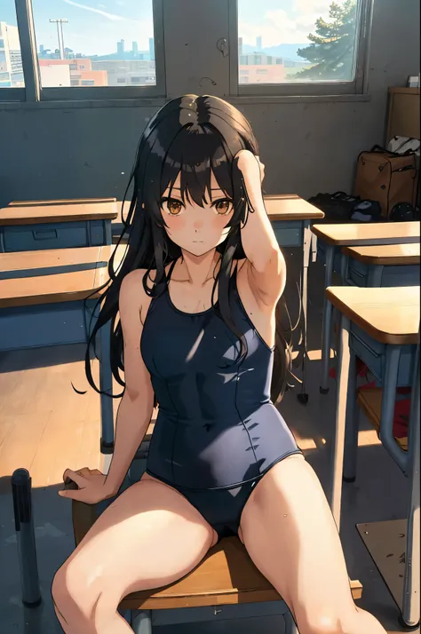 ((sports one piece swimsuit)), girl,actress,long eyelashes,spread your legs,cute,cute,black long shaggy, (下着姿のhigh school girl)1.3,(masterpiece)1.3,anime visual,high school girl,(sit on school desk)1.5,M-shape spread your legs