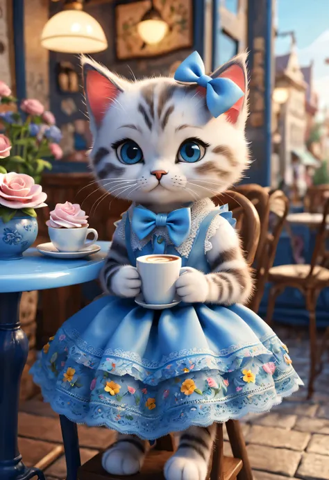 With folk art style,
 （A cute kitten sitting in a cafe drinking coffee），kitten wearing bow，Wearing a blue lace skirt，detailed details，beautiful details，urban cafe，flowers，Magazine，
，
3d rendering， cartoon，illustration，Pixar，cartoon，ultra high definition， h...