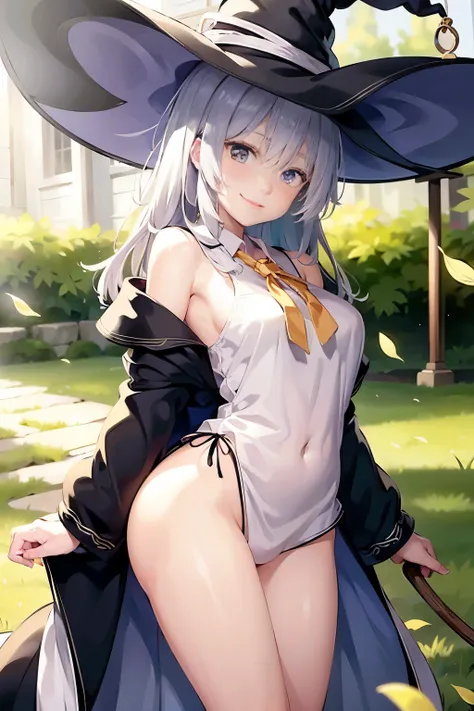 lyileina,bare shoulders ,white_collared shirt,yellow ribbon,witch hat,black robe,light smile,larger breats,best quality, panties showing, 