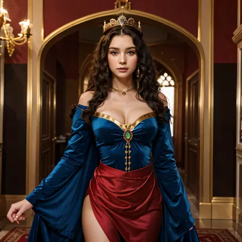 A middle age princess 20 years old wearing a gold crown with emeralds and rubies. Black curly hair, blue eyes. Dressed in red and blue rich clothes. Half body