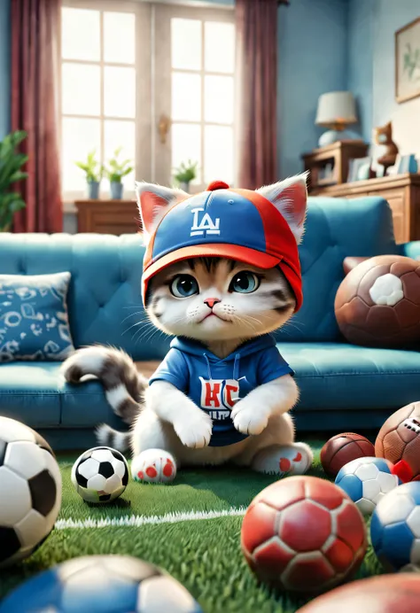 with folk art style,
 （a cute kitten lying on the big sofa，watching tv angrily），kitten sports have，wearing hip-hop style sportsw...