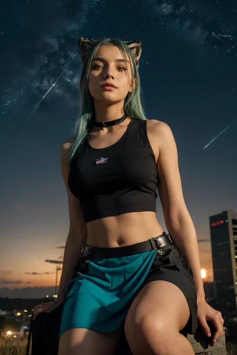 a gorgeous 20-year-old girl, half robot, with a bionic eye, green and blue hair, an athletic body, dressed in a black, short fitted skirt, a white, short tank top and an open red vest, looking at the sky with a look cradled, sitting down with a Bengal tige...