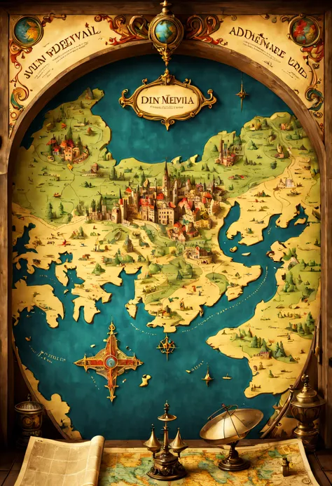 open map on desk,((medieval world map:old papers:vintage:antique:be familiar with)),map,buildings and creatures pop out in 3d fr...