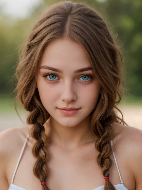 ultra real photo of 18 years old woman, joy eyes. long red messy and braided hair, sexy, sloppy look, vivid colours, Intricate details of her beautiful eyes and perfect face.