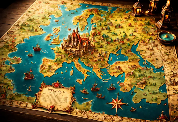 open map on desk,((medieval world map:old papers:vintage:antique:be familiar with)),map,buildings and creatures pop out in 3d fr...