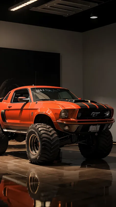 Create a 3D render of A Mustang as a monster truck. Make it epic and photo realistic. Studio lighting. ADD REFLECTIONS