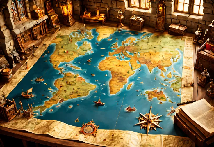 open map on desk,((medieval world map:old papers:vintage:antique:be familiar with)),map,buildings and creatures pop out in 3d fr...