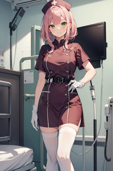 1 girl, alone, nurse, nurse cap, Whiteware, ((white legwear, zettai ryouiki)), white gloves, pink hair, green eyes, droopy eyes, smile, Are standing, ((hospital room)), sharp outline, short sleeve, highest quality, masterpiece