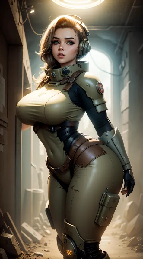 Fallout style, a curvy girl in a power armor, there is a holy halo above her head