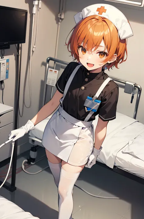 1 boy, alone, male focus, nurse, nurse cap, Whiteware, ((white legwear, zettai ryouiki)), white gloves, short hair, orange hair, smile, open your mouth, Are standing, ((hospital room)), sharp outline, short sleeve, Shota, 12 years old, highest quality, mas...