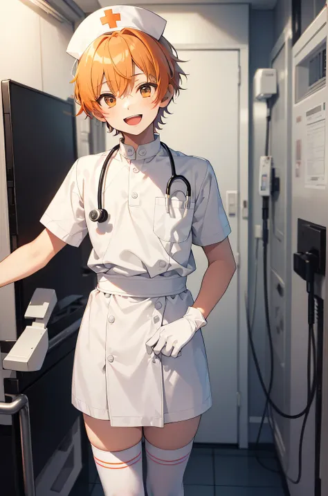 1 boy, alone, male focus, nurse, nurse cap, Whiteware, ((white legwear, zettai ryouiki)), white gloves, short hair, orange hair, smile, open your mouth, Are standing, ((hospital room)), sharp outline, short sleeve, Shota, 12 years old, highest quality, mas...