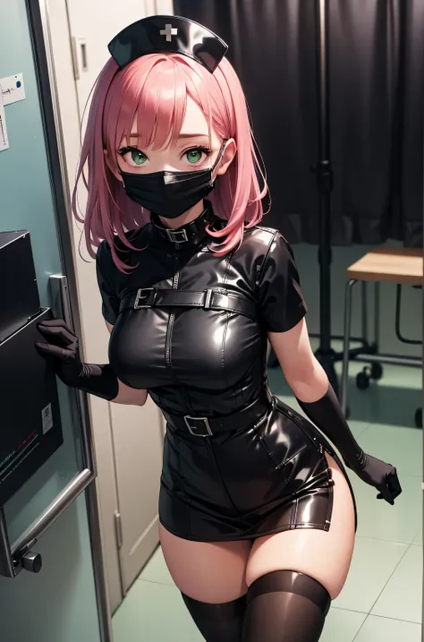 black nurse, 1 girl, alone, black nurse cap, black wear, ((black legwear, zettai ryouiki)), black elbow gloves, pink hair, green...