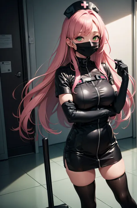 black nurse, 1 girl, alone, black nurse cap, black wear, ((black legwear, zettai ryouiki)), black elbow gloves, pink hair, green...