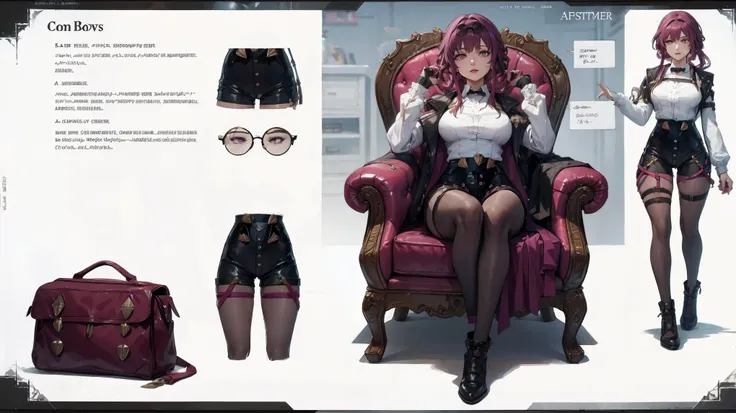 girl, solo, full body, from head to toe, sitting on the chair, crossed legs,(huge_breasts:1.3), 

1woman, reference sheet, chara...