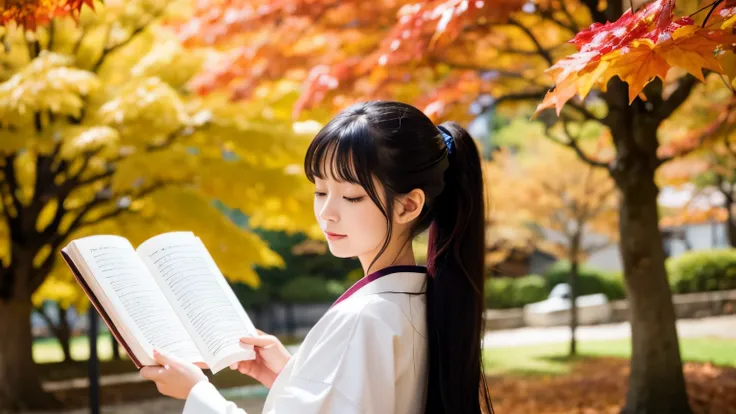 Japanese style beauty with long black hair、ponytail、shrine maiden costume、I look down and read under a tree colored with autumn leaves.、profile、shrine,eyes closed