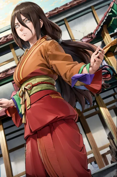 masterpiece, absurdres , (intricate details), (colorful),cinematic lighting,bust shot,extremely detailed CG unity 8k wallpaper ,hyuuga hanabi,  1girl, solo, orange kimono, red hakama skirt, obi, wide sleeves, looking at viewer, closed mouth, wind,fighting ...