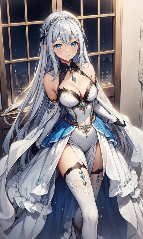 Virgin，Mild seduction，having fun，in love，(Magical transparent white dress)，black gloves，silver hair，blue eyes，see through transparent clothes，Delicate hair accessories，Transparent lace，Holy sky blue yellow and white pattern，night，Beautifully dressed，bedroo...