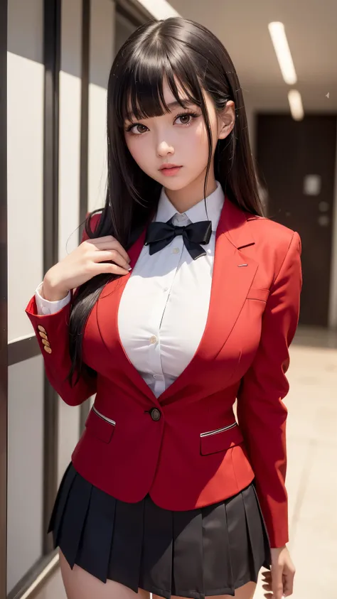 ((best quality)), ((muste piece)), (detailed breasts), (highlight), perfect face　Young girl highlighting large breasts with detailed face、Long, thick, shiny, beautiful black hair with blunt bangs、solid color background、Standing wearing red and black blazer...