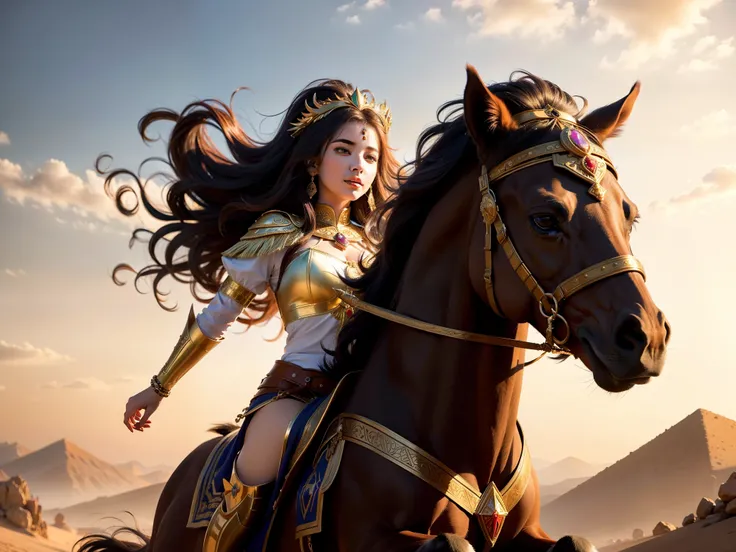 Young Queen Ishtar galloping on horseback, , (Masterpiece, Best Quality, Highres:1.4), Detailed, Intricate Details, 4K ,