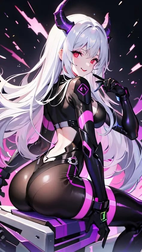 pale skin，dark风，long white hair，black eye shadow，red eyes，Abstinence，dark，goat horn，succubus，Open the legs，Smile，Sticking out tongue，Battle damage，Broken clothes，big ass，playful
，puppy，Transparent underwear，camel toe，sitting，back view，hot pants，butt close-...