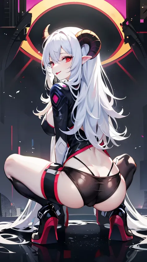 pale skin，dark风，long white hair，black eye shadow，red eyes，Abstinence，dark，goat horn，succubus，Open the legs，Smile，Sticking out tongue，Battle damage，Broken clothes，playful
，puppy，Transparent underwear，camel toe，sitting，back view，hot pants，butt close-up，Mecha