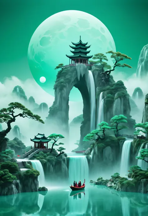 Image showing people on board and floating moon, Featuring traditional Chinese landscapes, Glass cut mountain and waterfall scene, Zen-like tranquility, Surreal 3D landscape, Green and aquamarine, oriental minimalism, a surrealist sculpture, hazy atmospher...