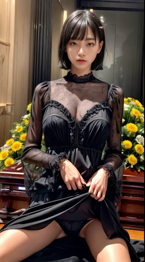 cowboy shot、(short hair with bangs)、black hair、(Trailing hair)、((widow))、((black long sleeve mourning dress))、(((Japanese style room)))、((((funeral))))、black formal wear、highest quality,(RAW photo:1.2)、(realistic:1.4),(High resolution:1.4), 1 girl, written...