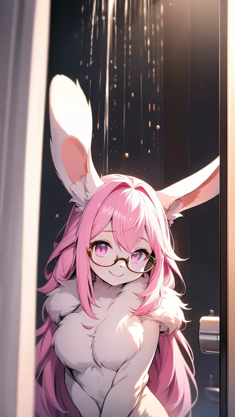 rabbit furry girl,2 girls,naked,glasses,shower,smile,pink fur,seductive expression