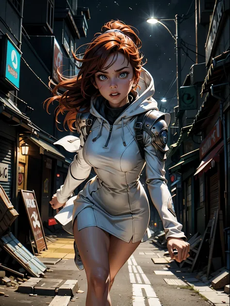 Close up image of 2 subjects, 1girl with auburn colored hair, wearing long sleeve white dress with hood, (running towards camera), (woman looks scared), frightened, running for her life, running away from man wearing armor, getting grabbed by man, down a d...