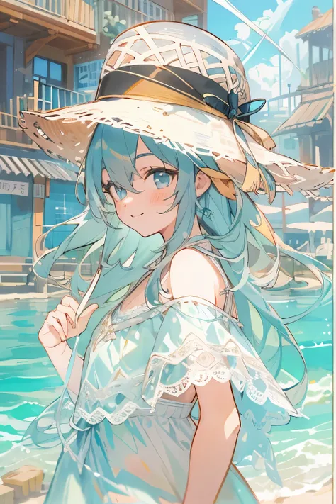 (masterpiece:1.2, highest quality), (very detailed:1.3), Perfect anime illustration of a 17 year old girl wearing a long dress, hat with brim, Panty shot, Wind, Windが強いアップスカート, (light blue detailed lace panties), Fundo, from behind, whole body, at the seas...