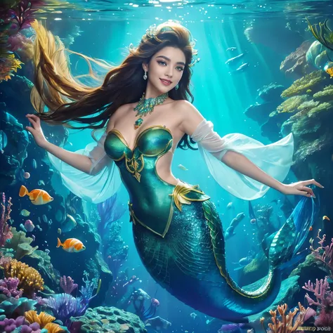 (highest quality、table top、8K、best image quality、hyper realism)、(Little mermaid wearing the most luxurious and luxurious costume:1.3)、(The most luxurious and finest transparent sleeve:1.1)、(A mermaid goddess swimming in the beautiful and luxurious deep sea...