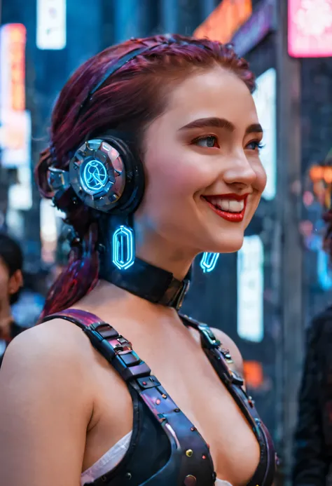 masterpiece, best quality, ((smiling)) cyberpunk girls standing, side view, Harajuku-inspired cyberpunk body harness, bold colors and patterns, eye-catching accessories, trendy and innovative hairstyle, dazzling Cyberpunk cityscape, skyscrapers, glowing ne...