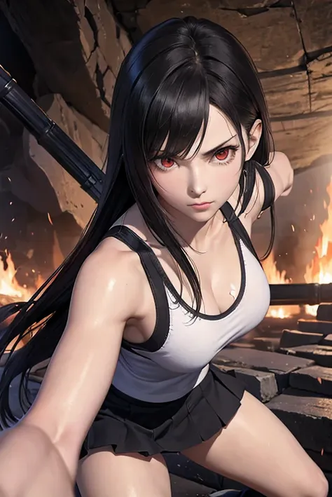 white tank top with black trim and black skirt, inside the cave, black long hair, the girl has true red eyes, tifa lockhart, the...