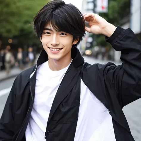 realistic, Japan 20-year-old male, good looking, short hair, smile, black jacket, white t-shirt