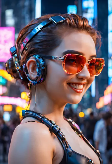 masterpiece, best quality, ((smiling)) cyberpunk girls standing, sunglasses,  side view, harajuku-inspired cyberpunk body harnes...