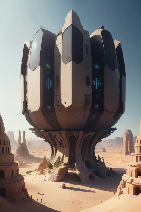 Futuristic masterpiece in the heart of the desert, a luxury residential beehive pod architecture design boasts an awe-inspiring view of an ancient epic clay tower. The black mecha, a cyber punk persona, observes this martian architecture from upstairs, bal...