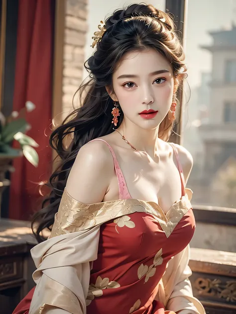 Best Quality, Masterpiece, Ultra High Resolution, (Realisticity: 1.4), Original Photo, 1girl, Pink Off-the-Shoulder, Cinematic Lighting,the whole body,Full body (1:3), chest straight, (from the outside) (shiny skin), many colors, best quality, masterpiece,...