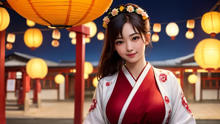 1 girl,Miko (shrine maiden costume, Scarlet long hakama, lots of head accessories:1.5) (cute, we say, smile, real face, Big eyes:1.4) listen straight, black hair, long hair, ponytail, cowboy shot, smile, big breasts, I&#39;m looking forward to (At the shri...