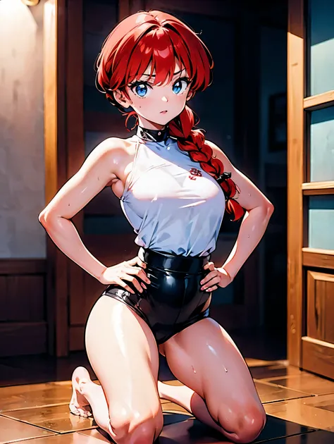 Redhead anime girl wearing pink latex top and black leather pants, 16 anos, corpo bonito, seios grandes, kneeling on the floor with hands on waist, hands on hip, agachada, red hair with braid, beautiful lighting, susve sombras, olhos azuis, pernas bonitas,...