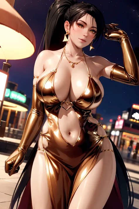 momiji, ultra realistic 8k cg, flawless, masterpiece, solo, 1girl, casino, rich, night dress, cutout, necklace, earring, golden, face focus, gleaming skin, elbow gloves, cleavage, shiny dress