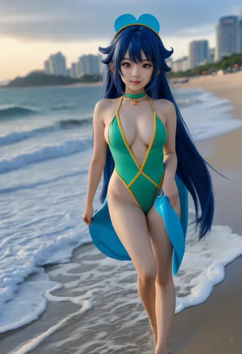 instagram star Xiaorou SeeU, dressed in  swimsuit cosplay, is strolling and acting adorable by the beach, no nudity, safe for work, show all of her, full body shot, head to toe, highest detail, masterpiece, extreme quality