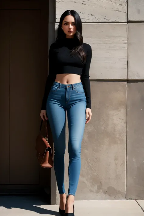 Photo of a slim European model, standing outside, wearing skinny jeans that hug her body tightly, revealing her slim figure, Ultra Detail, black hair, small waist, full body view, high heels on her feet, very realistic, F/1.8 aperture, capturing every intr...