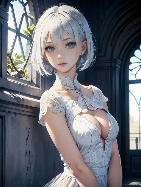 silver hair　blue eyes　inside the castle　short hair　white lace dress　a lot of apples　masterpiece　best image quality　clear　cinematic shadow　Increased attractiveness of the eyes　clear the shine of the eyes　Draw eyelashes neatly　perfect eyes　detailed eye　Sharp...