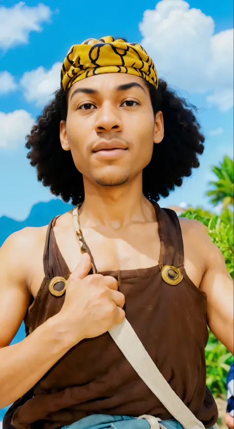 Real life adaption of this character, handsome african man face, realistic same afro hair, Sharp nose, realistic same headband ,Realistic sling bag ,realistic same outfit, realistic shadow, realistic light,realism, hyper realistic, (photorealistic 1:2)