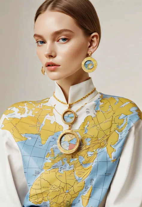 Series set，Creative jewelry，About map elements，Beautifullyly，Beautifully，exaggerate，Model wears map patterned clothes，