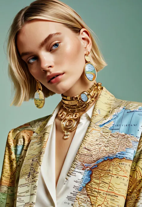 Series set，Creative jewelry，About map elements，Beautifullyly，Beautifully，exaggerate，Model wears map patterned clothes，advanced，extremely beautiful