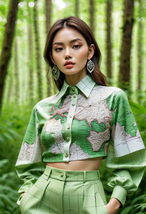 Series set，Creative jewelry，About map elements，Beautifullyly，Beautifully，exaggerate，Model wears map patterned clothes，advanced，extremely beautiful。Blurred green forest background