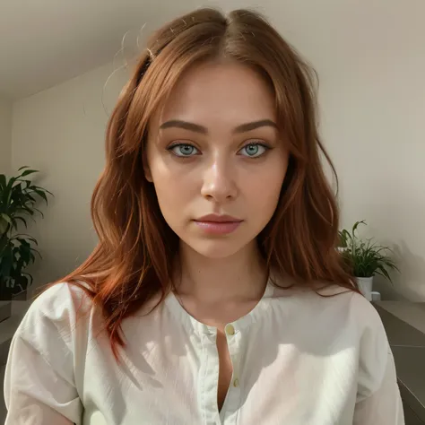 arafed woman fully , with green eyes, ultra realistic, meticulously detailed, portrait sophie mudd, red hair and large eyes, A stunning intricate color close up portrait of (sks woman:1), bedroom eyes, violet myers, without makeup, natural makeup, looking ...