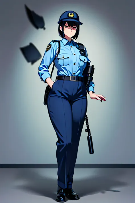 black hair, large breasts,police uniform, light blue shirt, blue pants, breast pocket, best quality, masterpiece,blue cap,black ...