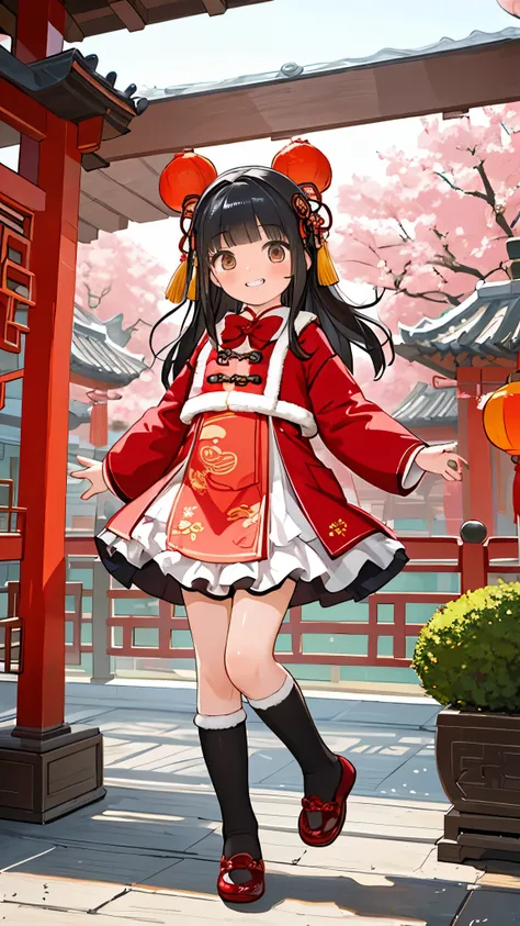 best quality, masterpiece, photorealistic, realistic, 1girl, solo, looking at viewer, grin, full body, long black hair, straight hair, bangs, blunt bangs, jumping, cyb dress, layered dress, long sleeves, hair bow, frilled dress, overcoat, bowtie, leg warme...